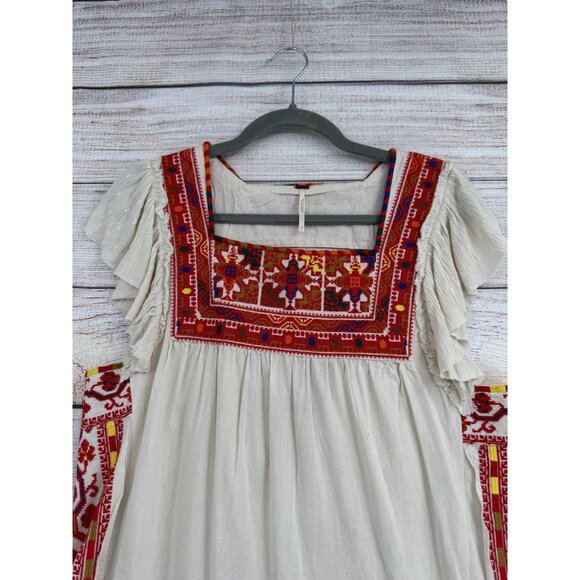 Free People Day Glow Embroidered Mini Dress Women's Small Beige/Red Frayed Hem - Picture 3 of 12